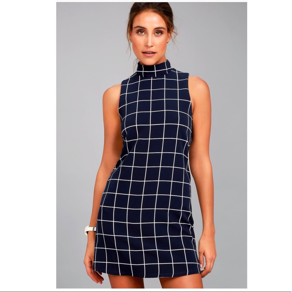 Navy grid print dress NWT✨